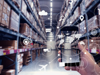 hand holding smartphone with AR application for check order pick time in smart factory warehouse,