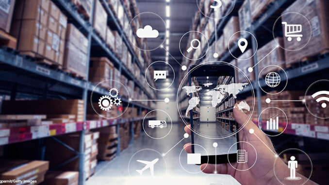 hand holding smartphone with AR application for check order pick time in smart factory warehouse, technology interface global partner connection for Logistic Import Export background hand holding smartphone with AR application for check order pick time in smart factory warehouse,