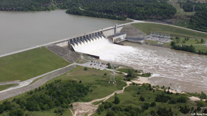 Aerial view of water being released from the Lake Eufaula Dam Aerial view of water being released from the Lake Eufaula Dam