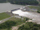 Aerial view of water being released from the Lake Eufaula Dam