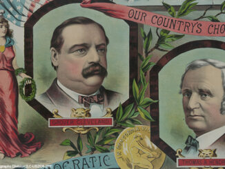 Print shows head-and-shoulders portraits of Grover Cleveland, Thomas A. Hendricks, the democratic candidates for president in 1884, also portraits of Jefferson, Washington, and Jackson.