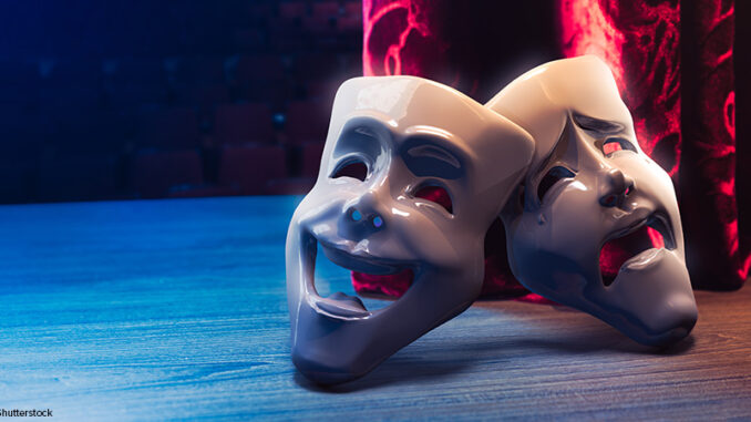 063020_02P_FS Theater masks, drama and comedy with a red curtain as backdrop