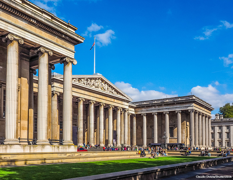  view of the facade and entrance of the British Museum in London, England,