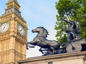 Statue of chariot under London's Big Ben clock tower