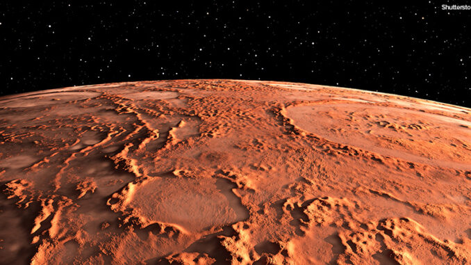 072720_03P_FS Martian surface and dust in the atmosphere. 3D illustration;