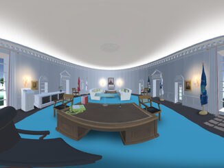 warped illustration view of the White House Oval Office