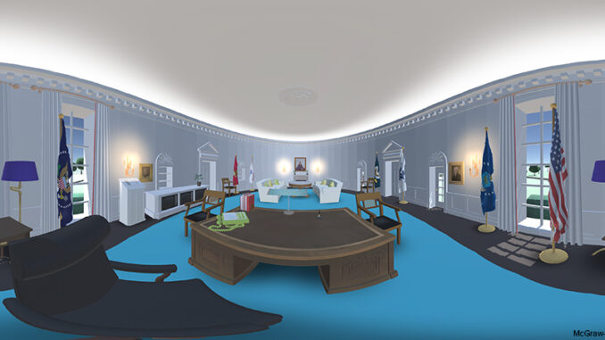 White House Oval Office warped illustration view of the White House Oval Office