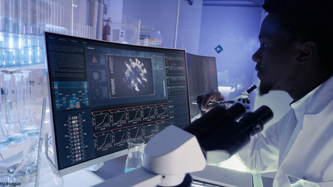 Young african ethnicity microbiologist studying coronavirus