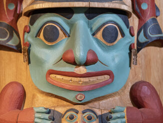 Tlingit house post totem pole illustrating the theme "Respect for Self"