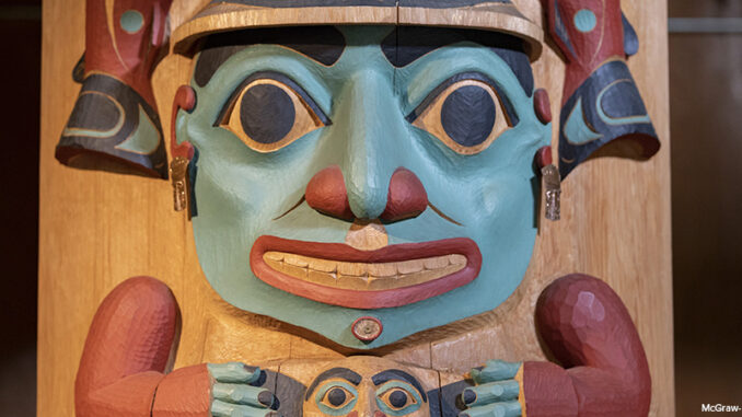 Tlingit house post totem pole illustrating the theme "Respect for Self" on display at the Alaska Native Heritage Center in Anchorage, Alaska Tlingit house post totem pole illustrating the theme "Respect for Self"