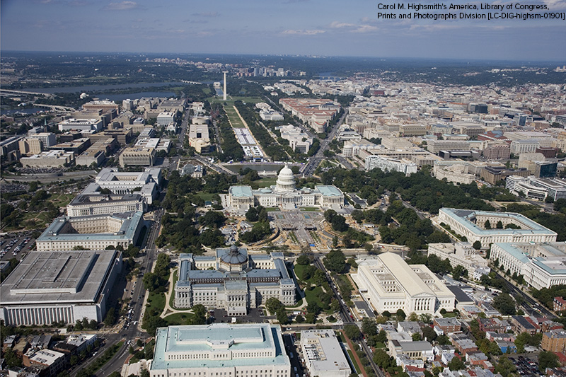 Aerial view of Washington, D.C., looking west, with Library of Congress Thomas Jefferson Building in center