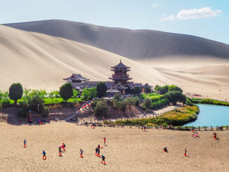 an oasis and a pagoda in China's Gobi Desert