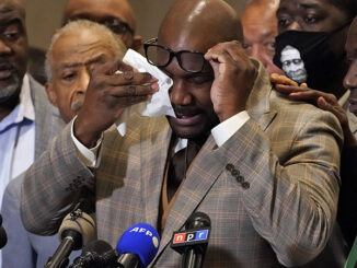 George Floyd's brother Philonise Floyd wipes his eyes during a news conference, Tuesday, April 20, 2021, in Minneapolis, after the verdict was read in the trial of former Minneapolis Police officer Derek Chauvin for the murder of George Floyd.