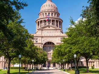 Low-angle view of the Texas State Capitol building in Austin, Texas
