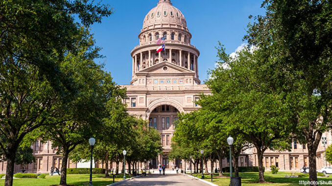 Texas State Capitol Building in Austin, TX Low-angle view of the Texas State Capitol building in Austin, Texas