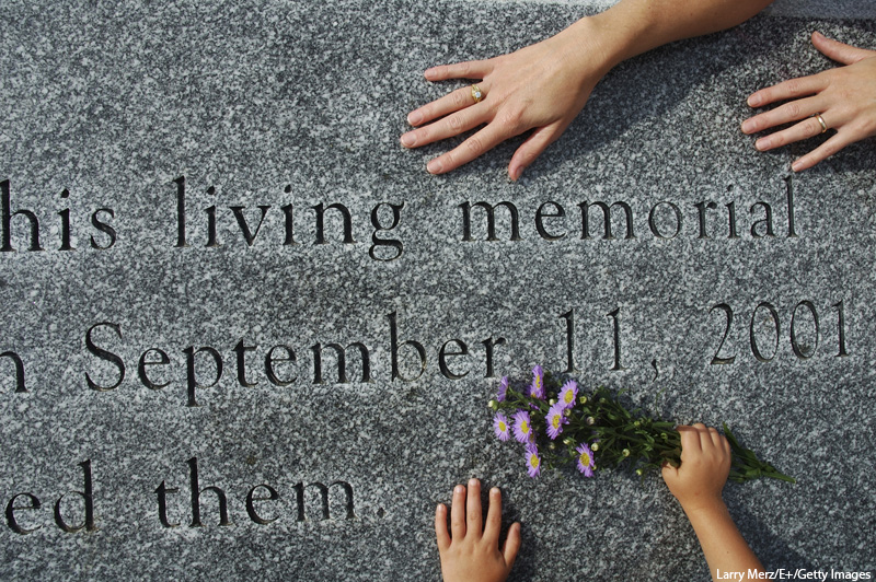 close up of September 11 Memorial plaque in New York City
