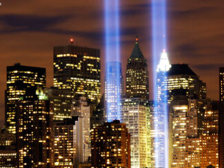 New York City skyline showing the Tribute in Light memorial is in remembrance of the events of Sept. 11, 2001.