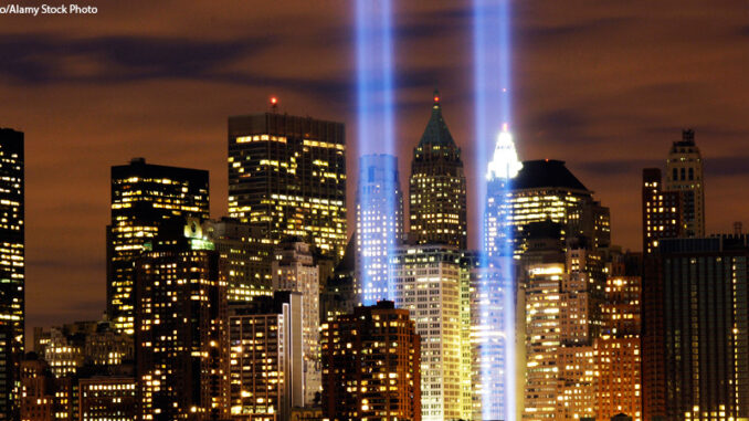 The Tribute in Light memorial is in remembrance of the events of Sept. 11, 2001. New York City skyline showing the Tribute in Light memorial is in remembrance of the events of Sept. 11, 2001.