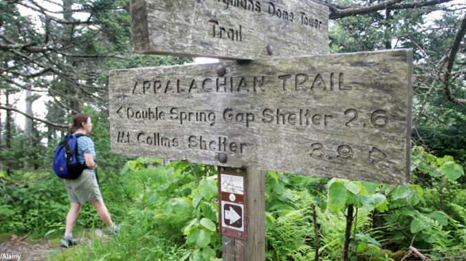 Clingman's Dome Appalachian trail sign Great Smoky Mountains National Park sign located on the Appalachian trail
