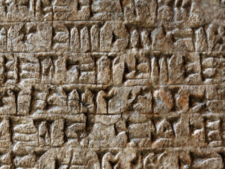 Ancient Sumerian cuneiform writing engraved in a stone