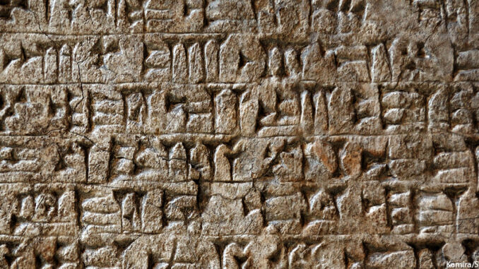 Ancient Sumerian cuneiform writing engraved in a stone Ancient Sumerian cuneiform writing engraved in a stone