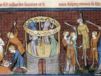 Detail of a 14th century illustration of witches being burnt and tortured,