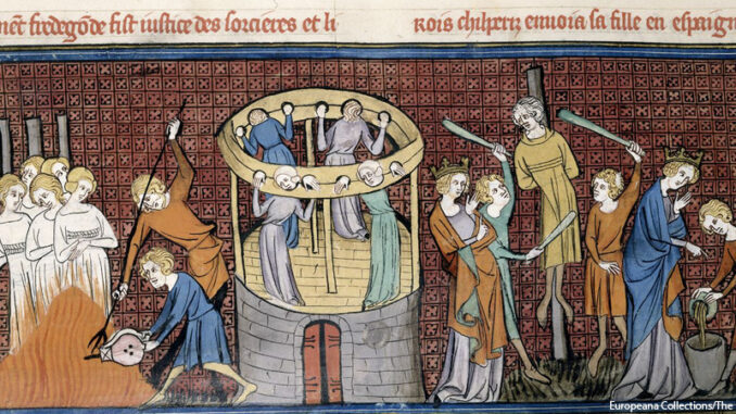 Royal 16 G VI f.64; Les Grandes chroniques de France; Witches burnt; after 1332, before 1350; The British Library Detail of a 14th century illustration of witches being burnt and tortured,