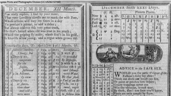 Poor Richard's Almanac Improved, 1782 A photograph of the inside pages of a eighteenth century almanac.