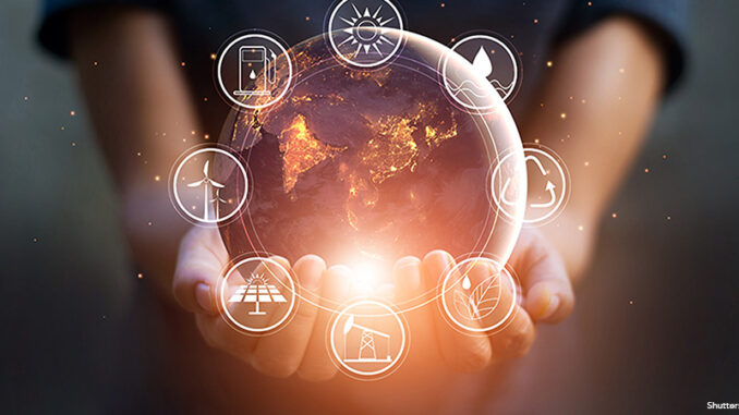 041822_02P_FS Earth Day concept graphic. The globe of the Earth at night, surrounded by holding hands. There are energy resources icons surrounding the globe image..