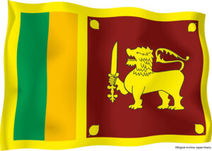 The flag of Sri Lanka--a gold background. The left third contains two vertical stripes of color. The right two thirds shows a lion-like creature holding a sword on a green background.