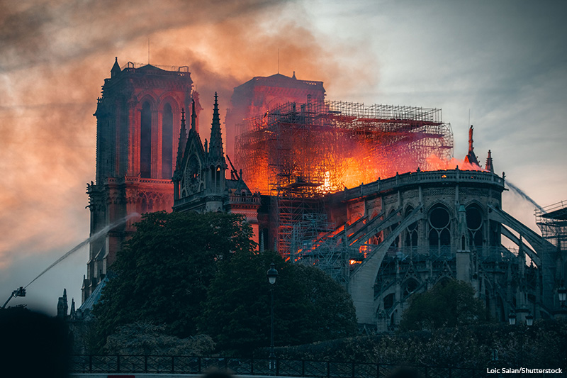 Notre Dame cathedral during the roof fire in April 2019.
