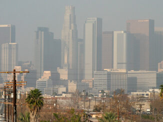 downtown Los Angels California, partially hidden by smog