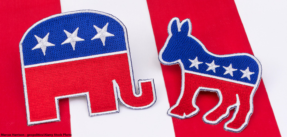 US Democrat Donkey logo & Republican elephant logo on Stars and Stripes. For 2020 US General election, Midterms, 2020 Presidential election race USA