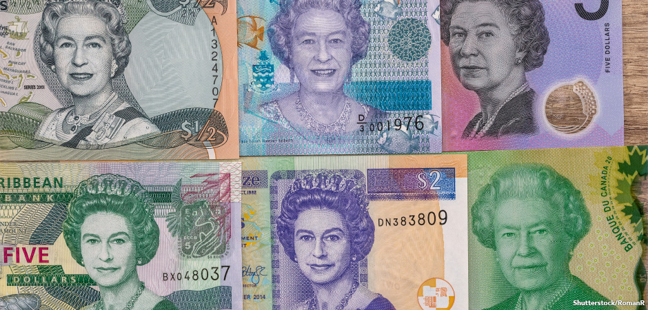 Bank notes from the United Kingdom featuring Queen Elizabeth II's portrait from various points in her life..