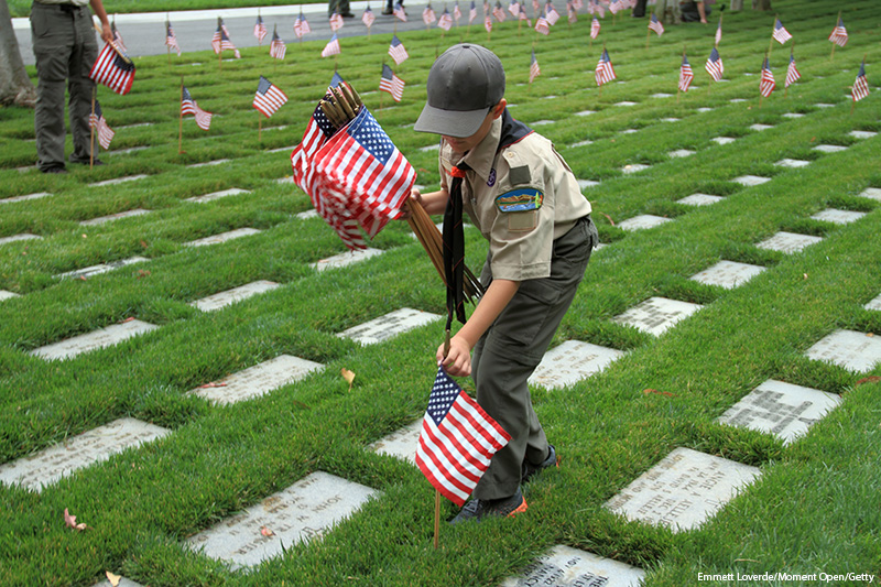 Boy scout puts flag Los Angeles Memorial Cemetery