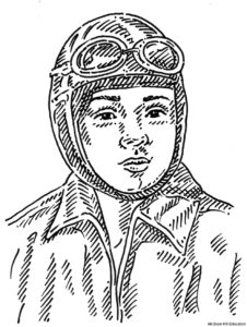a line drawing illustration of Bessie Coleman wearing her pilot’s helmet