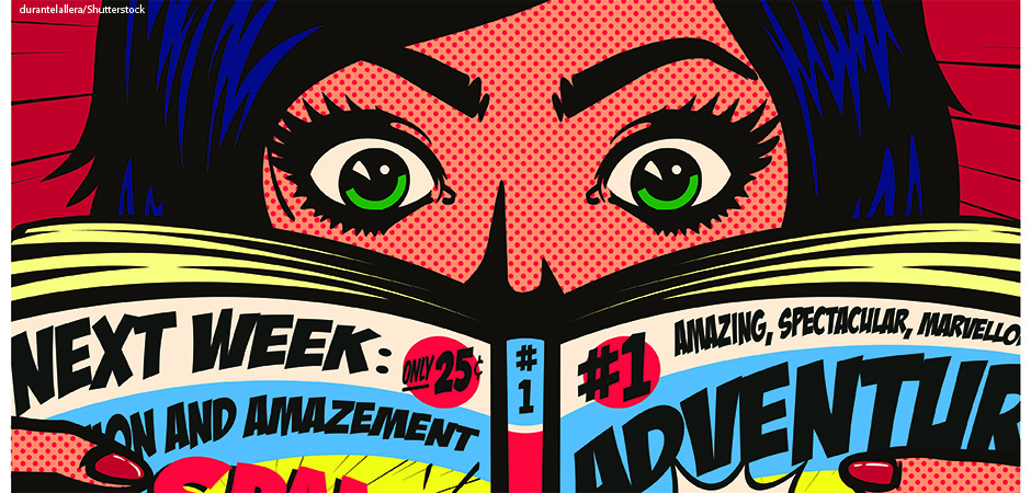 pop art illustration of a woman excitedly reading a comic book