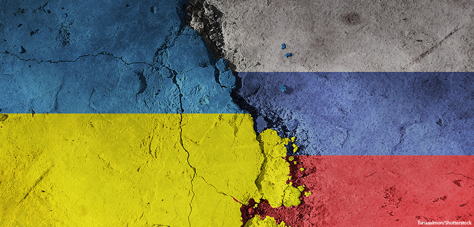 graphic showing colors of Ukraine and Russia flag with crumbled border between them