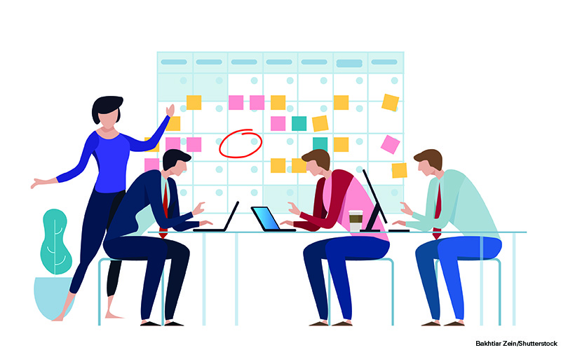colorful graphic illustration of coworkers in an office meeting looking at a large wall calendar