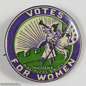 Suffrage-era 'Clarion' button with stars, with the text 'Votes For Women, ' and featuring Caroline Watt's 'Bugler Girl' or 'Clarion Girl' design