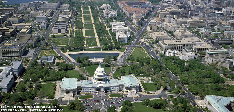 Aerial view from above the U.S. Capitol, looking west along the National Mall, Washington, D.C.
