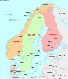 Political map of Scandinavian region, showing the countries of Norway, Sweden, and Finland as well as part of the coast of northern Europe.