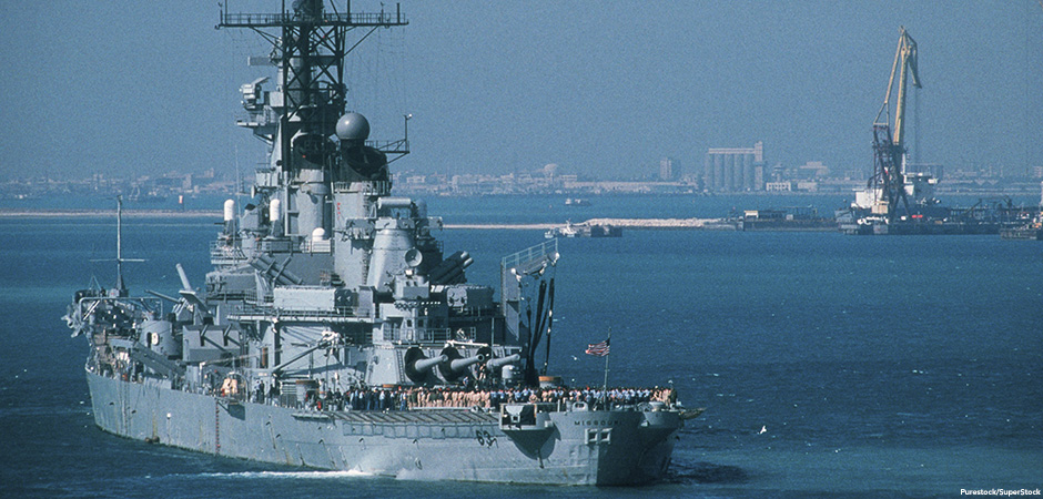 color photo of a U.S. naval battleship