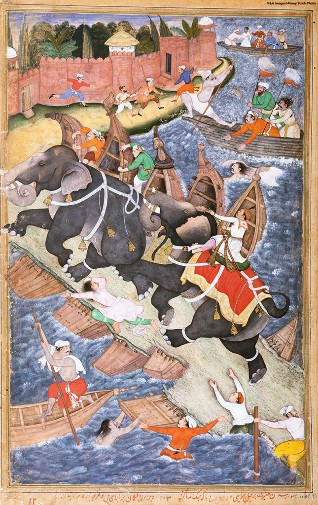 Painting of Akbar on The Elephant Hawai, by Basawan and Chetar. India, late 16th century.