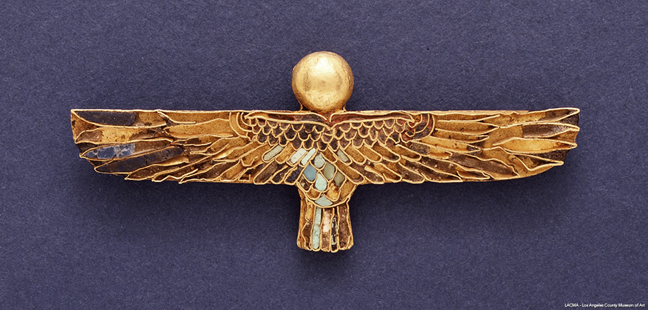 Amulet of a Ba; Egypt, Ptolemaic Period, 332-30 BCE; Gold with inlays of lapis lazuli, turquoise, and steatite
