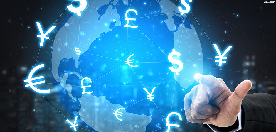 art of globe with different world currency symbol conversion.