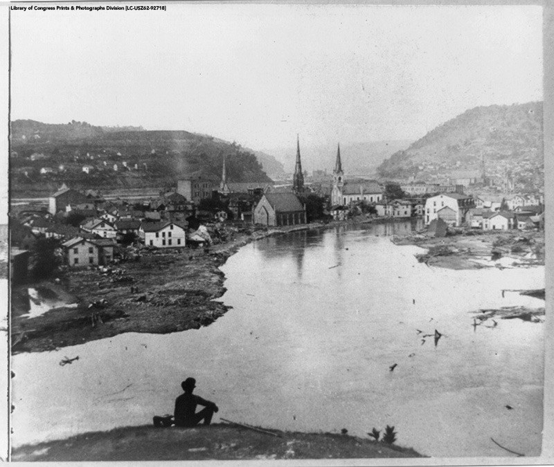 Black and white photo of he flooded Conemaugh Valley on May 31, 1889.