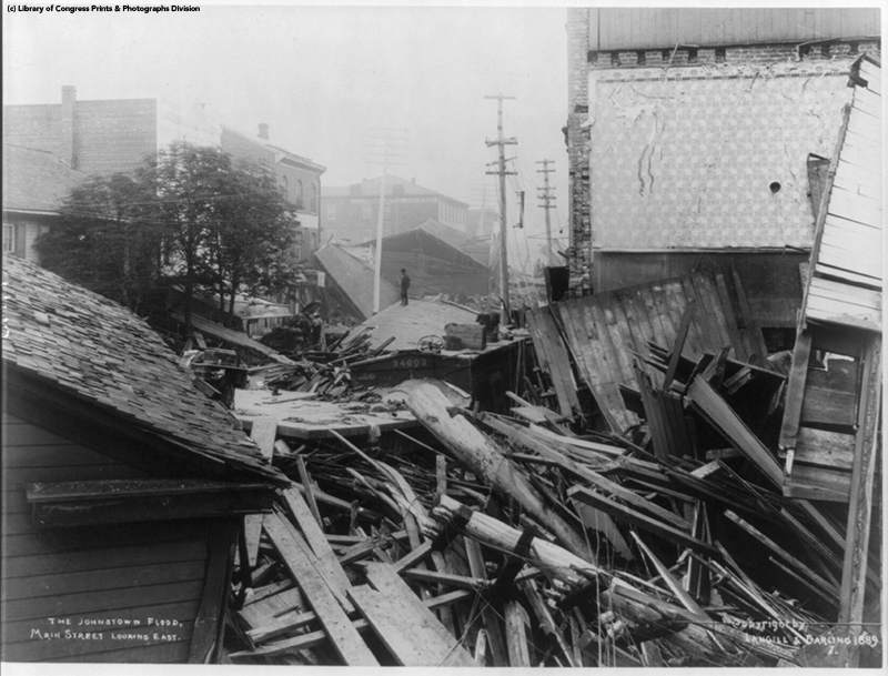 Black and white photograph of Debris resulting from the Johnstown flood in 1889.