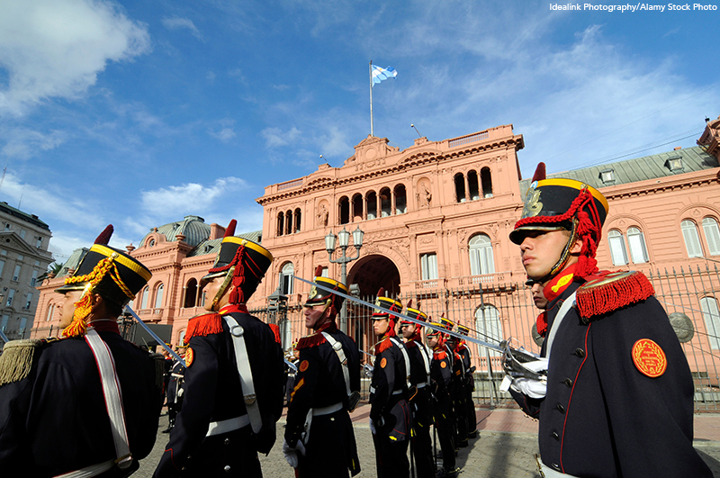 Honour guards in front of the Casa Rosada in Buenos Aires, Argentina.