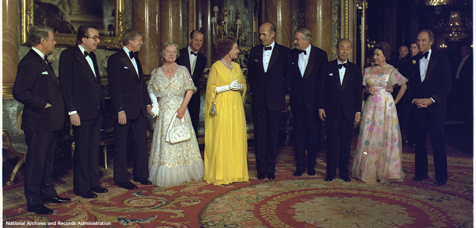 Jimmy Carter and Rosalynn Carter with Queen Elizabeth II in 1977.